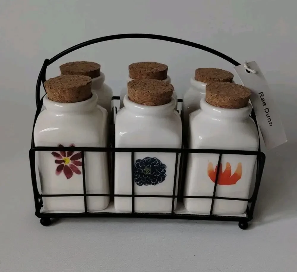 NEW Rae Dunn Magenta Spring Flowers Spice Herb 6 Jar Set Portable Rack Caddy